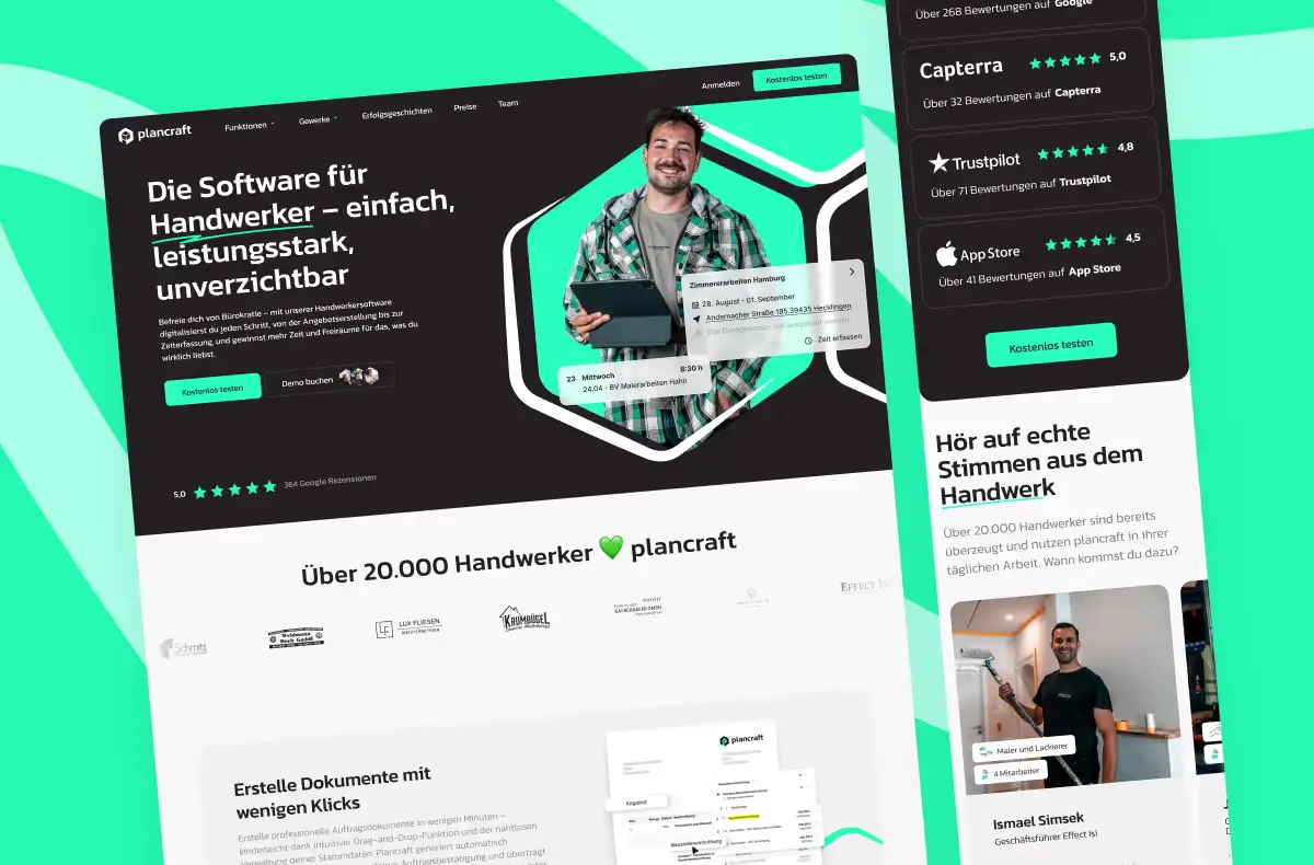 plancraft landing page redesigned by magier, shown on desktop and mobile with a dark hero, a clear CTA, and review badges