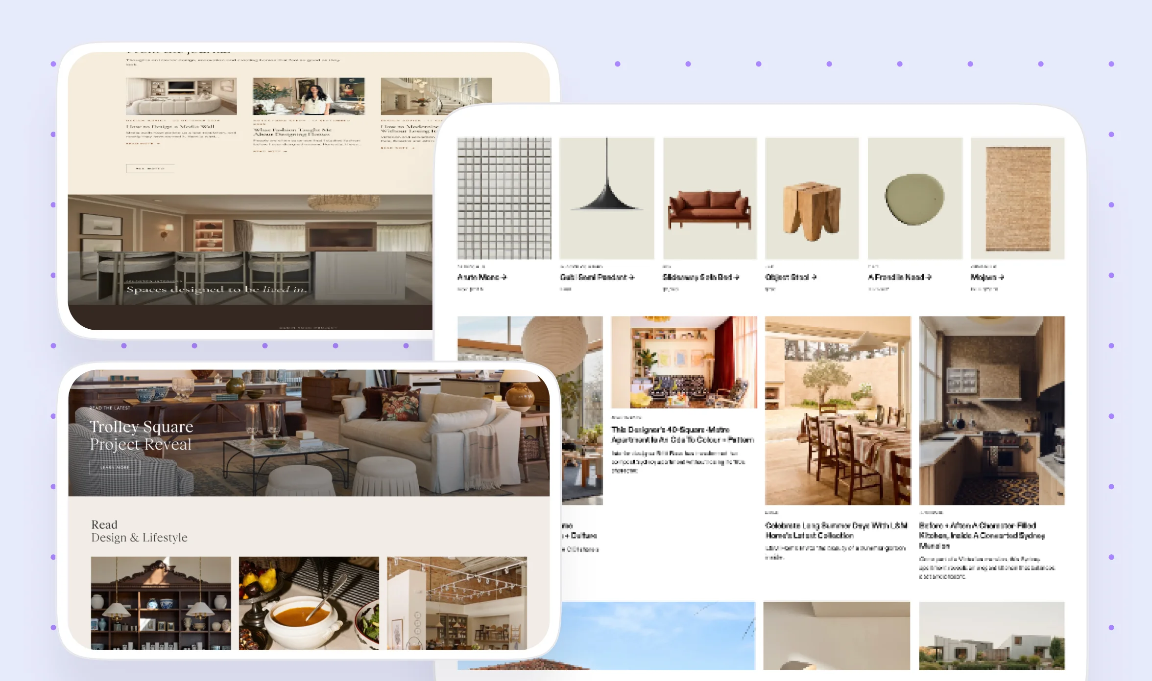 Collage of three interior design website sections showing a journal grid, a product and article grid, and a Trolley Square project reveal banner