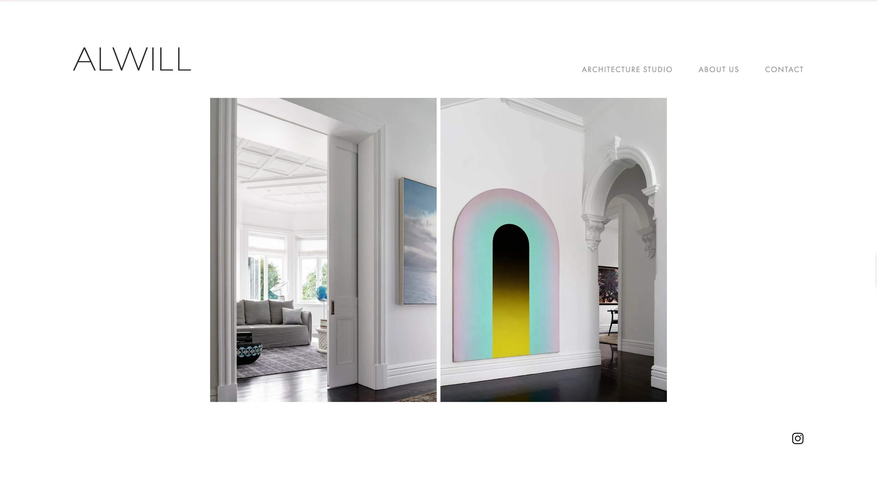Alwill homepage with two tall interior photos, a white room seen through a doorway and a rainbow arch painting beside an archway