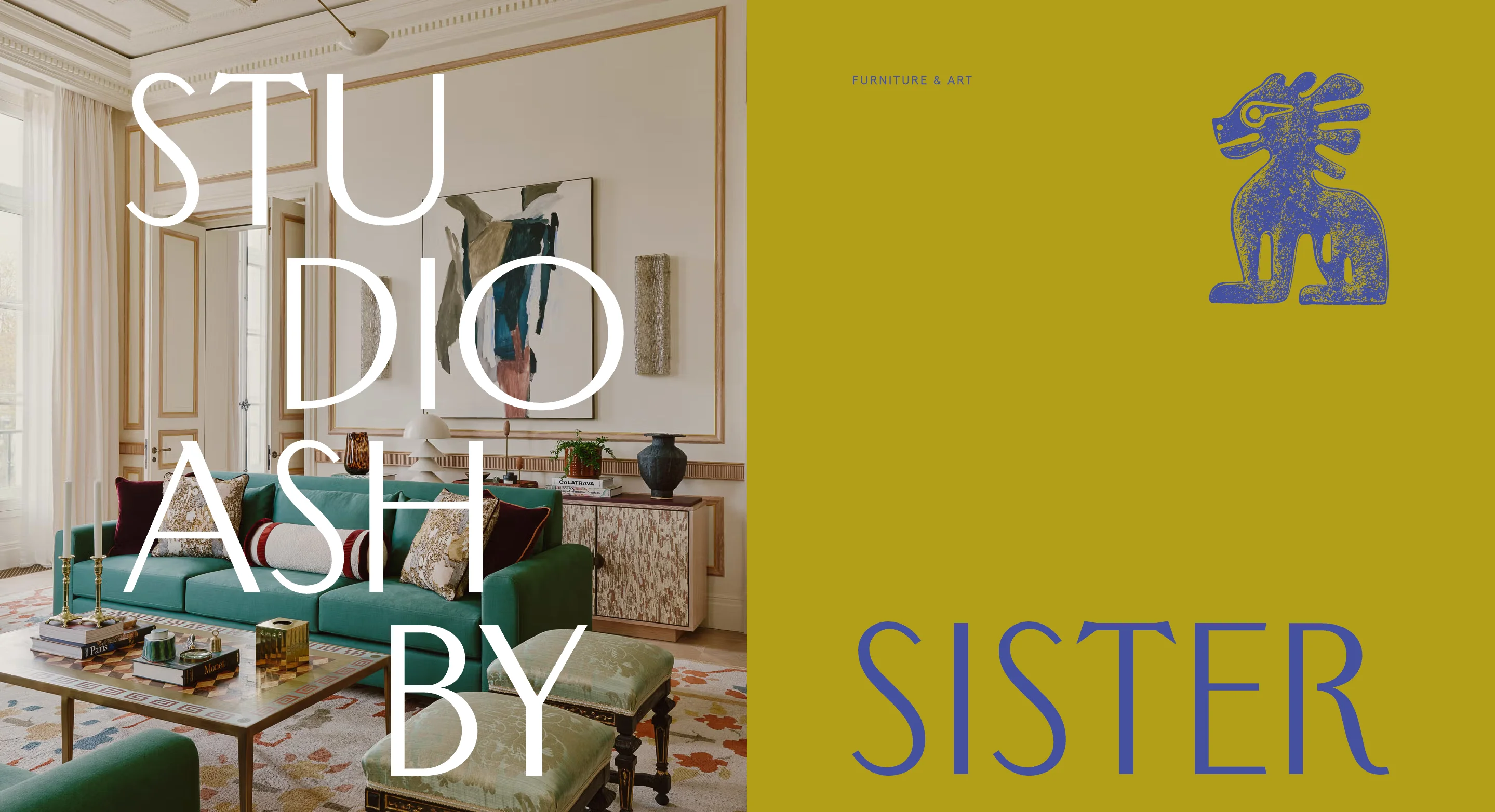 Studio Ashby homepage split screen with a green sofa living room under large white lettering beside an olive panel for Sister furniture and art