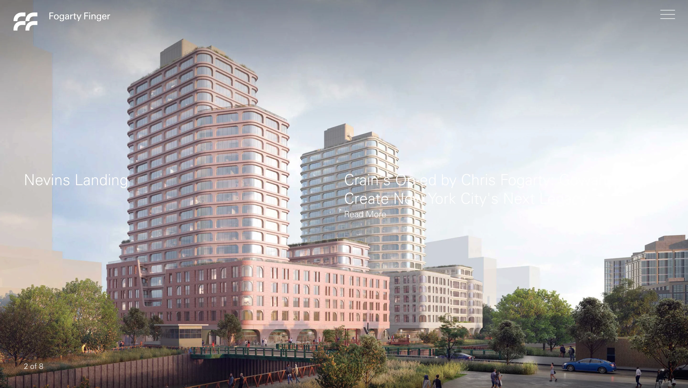 Fogarty Finger homepage hero showing two pink brick residential towers beside a waterfront park, with slide headlines