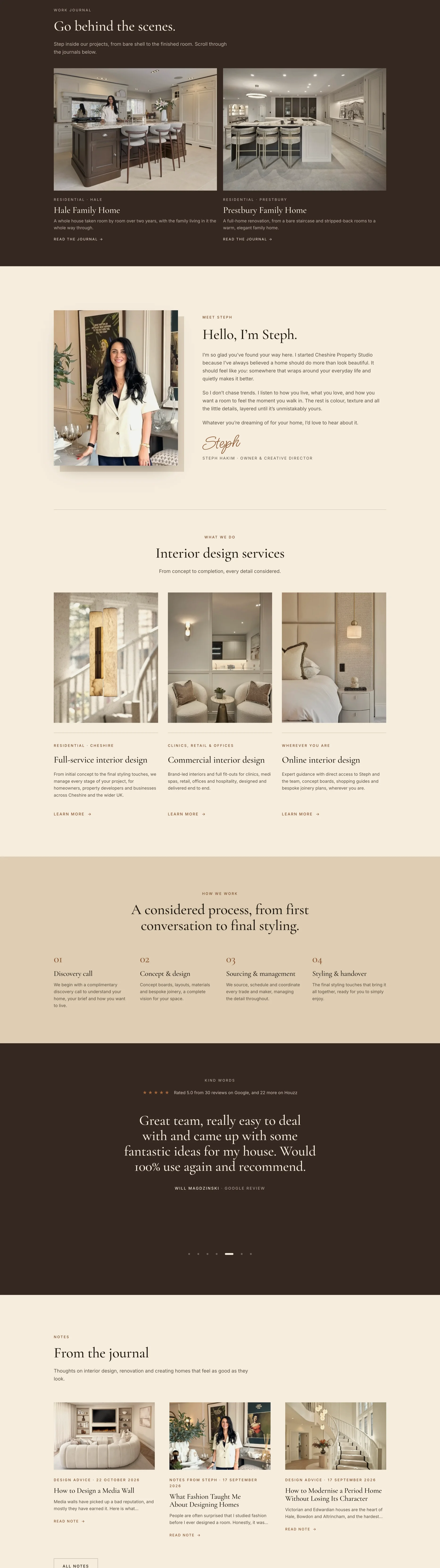 Cheshire Property Studio homepage in cream and brown with interior photos, press logos, recent projects, services, and a Start a project button