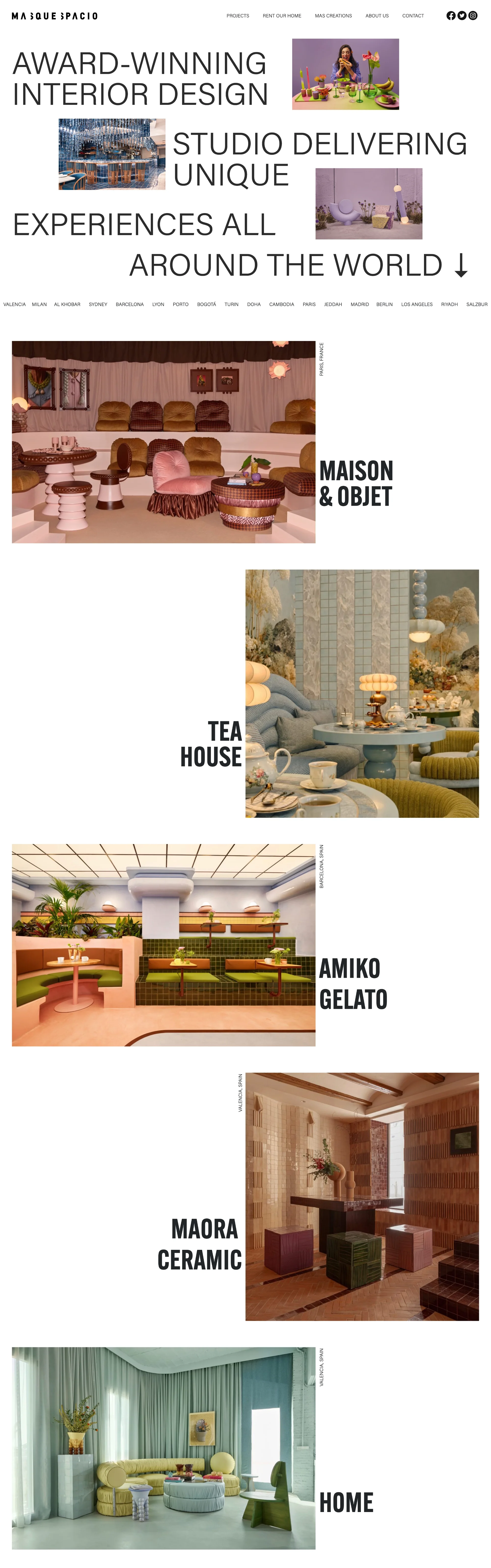 Masquespacio homepage with the headline Award-winning interior design studio delivering unique experiences all around the world and three colorful project photos