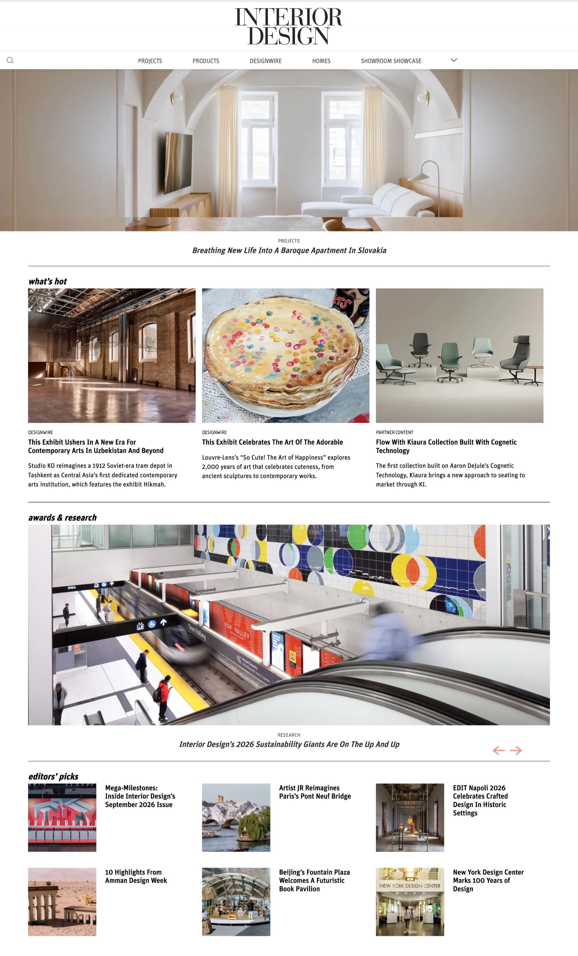 Interior Design magazine homepage with a Baroque apartment hero, story grids, ad banners, a newsletter signup, and magazine covers