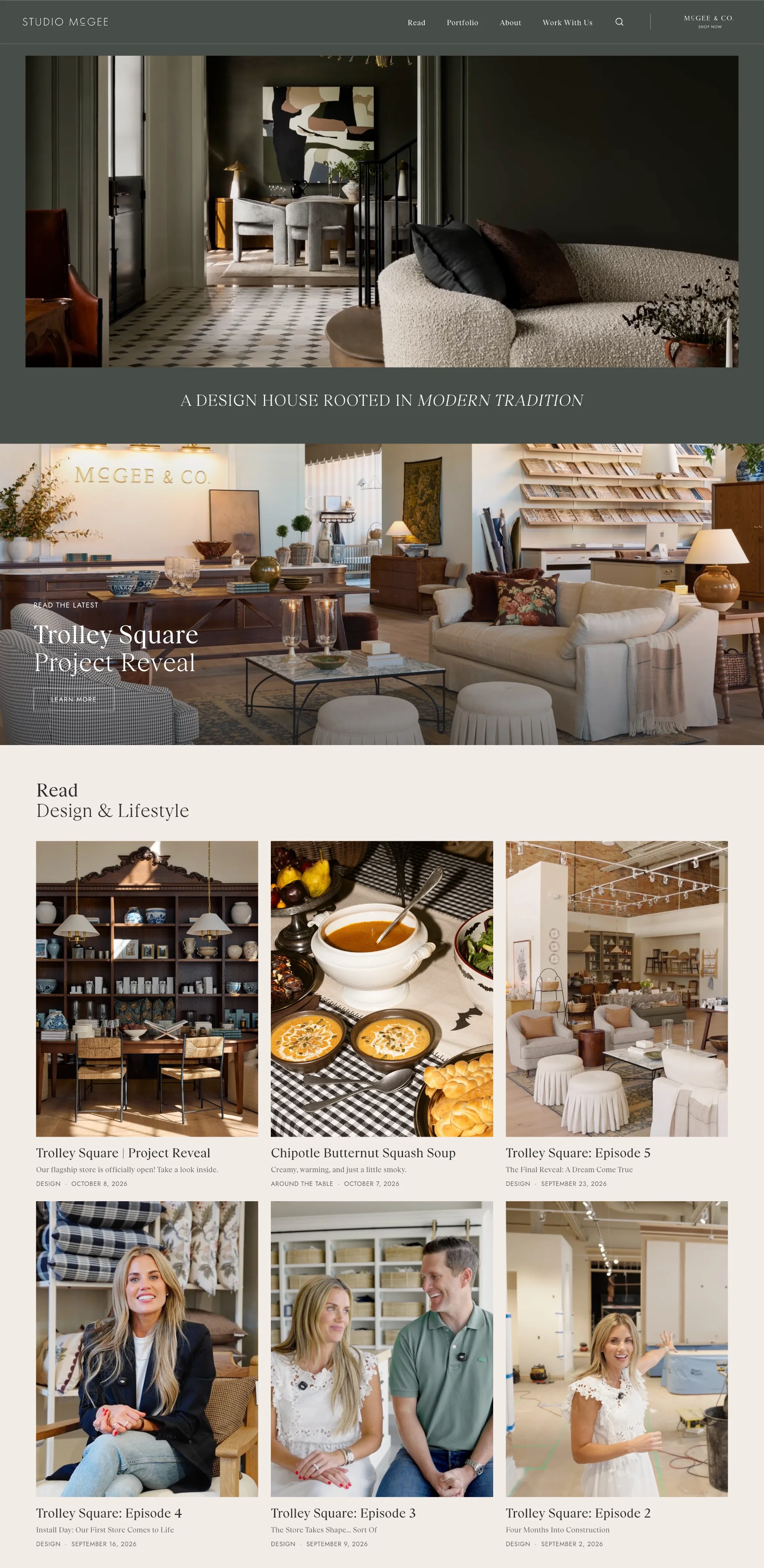 Studio McGee homepage with a dark green living room hero, a Trolley Square project reveal, a journal grid, a press quote, and a portfolio carousel