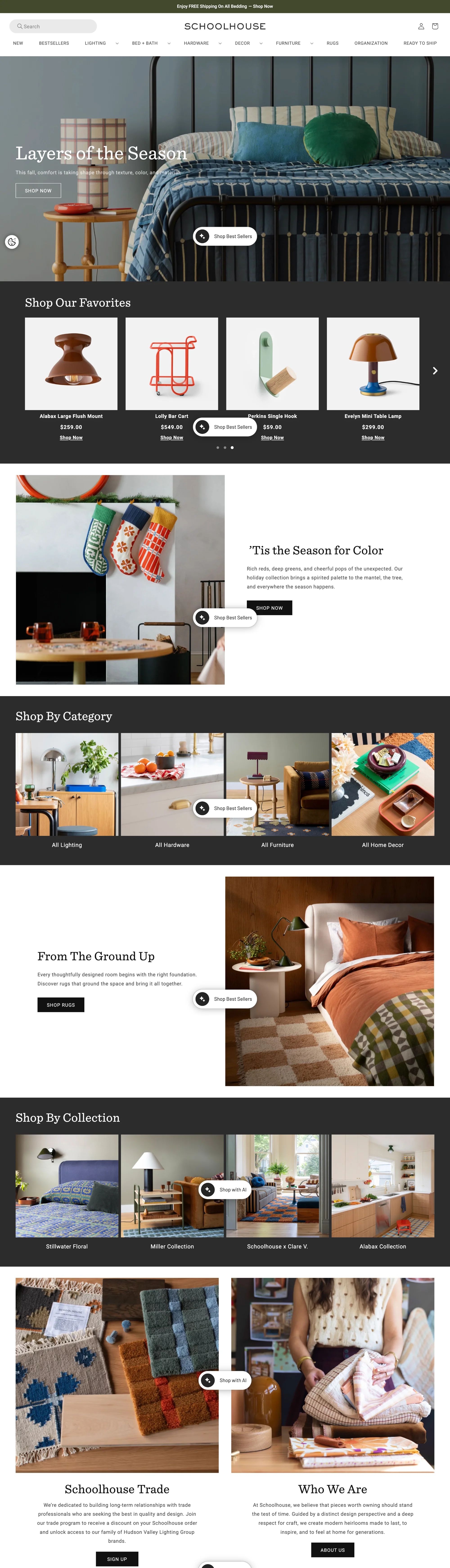Schoolhouse homepage with a bedroom hero, a Shop Our Favorites product carousel, category tiles, and a newsletter signup