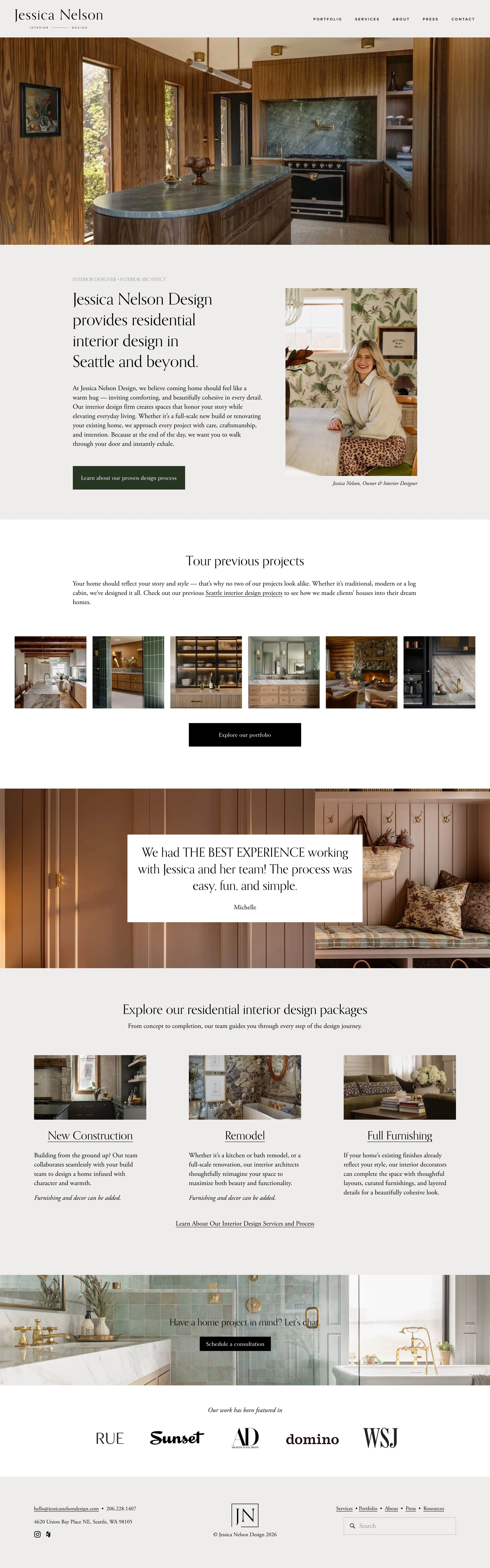Jessica Nelson Design homepage with a walnut kitchen hero, an owner portrait, a project strip, a testimonial, three packages, and press logos