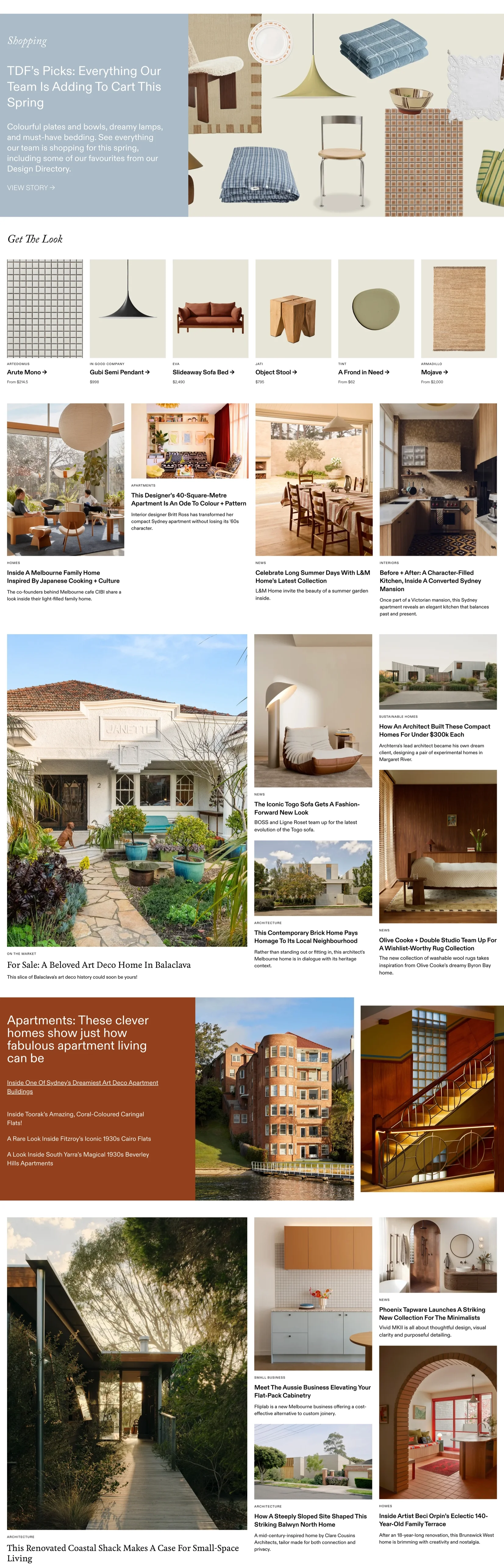 The Design Files homepage with a serif wordmark on cream, a feature photograph, a product row, and article grids about homes and architecture