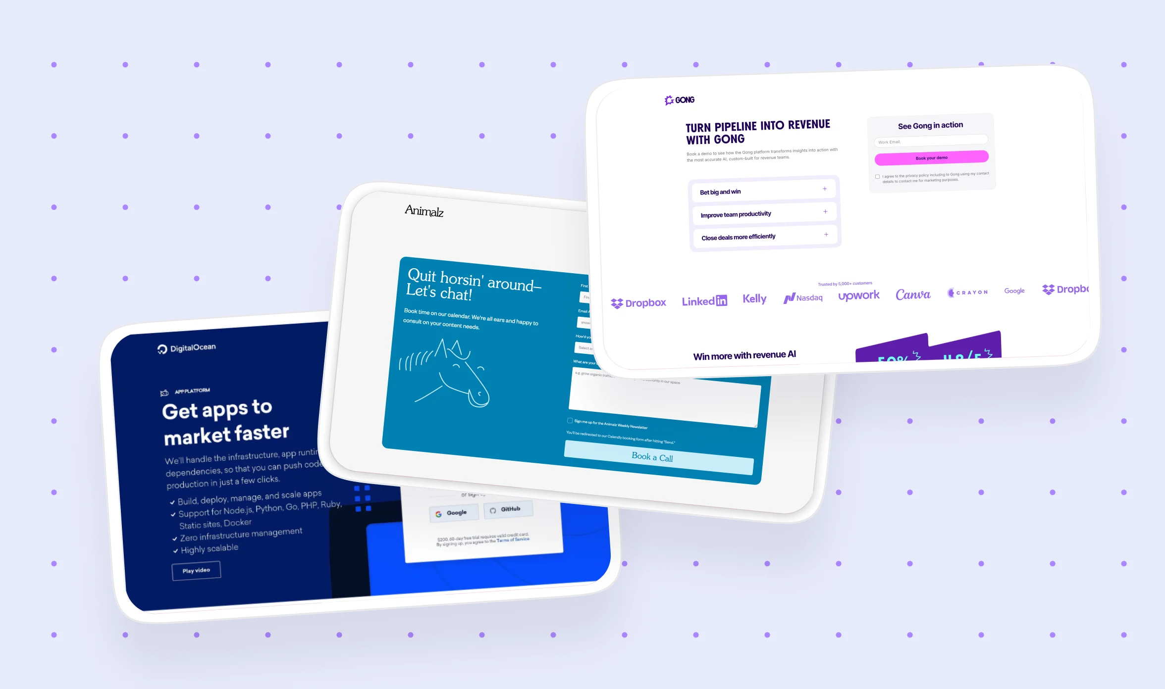 Collage of three lead generation landing pages from DigitalOcean, Animalz, and Gong on a lavender background with purple dots