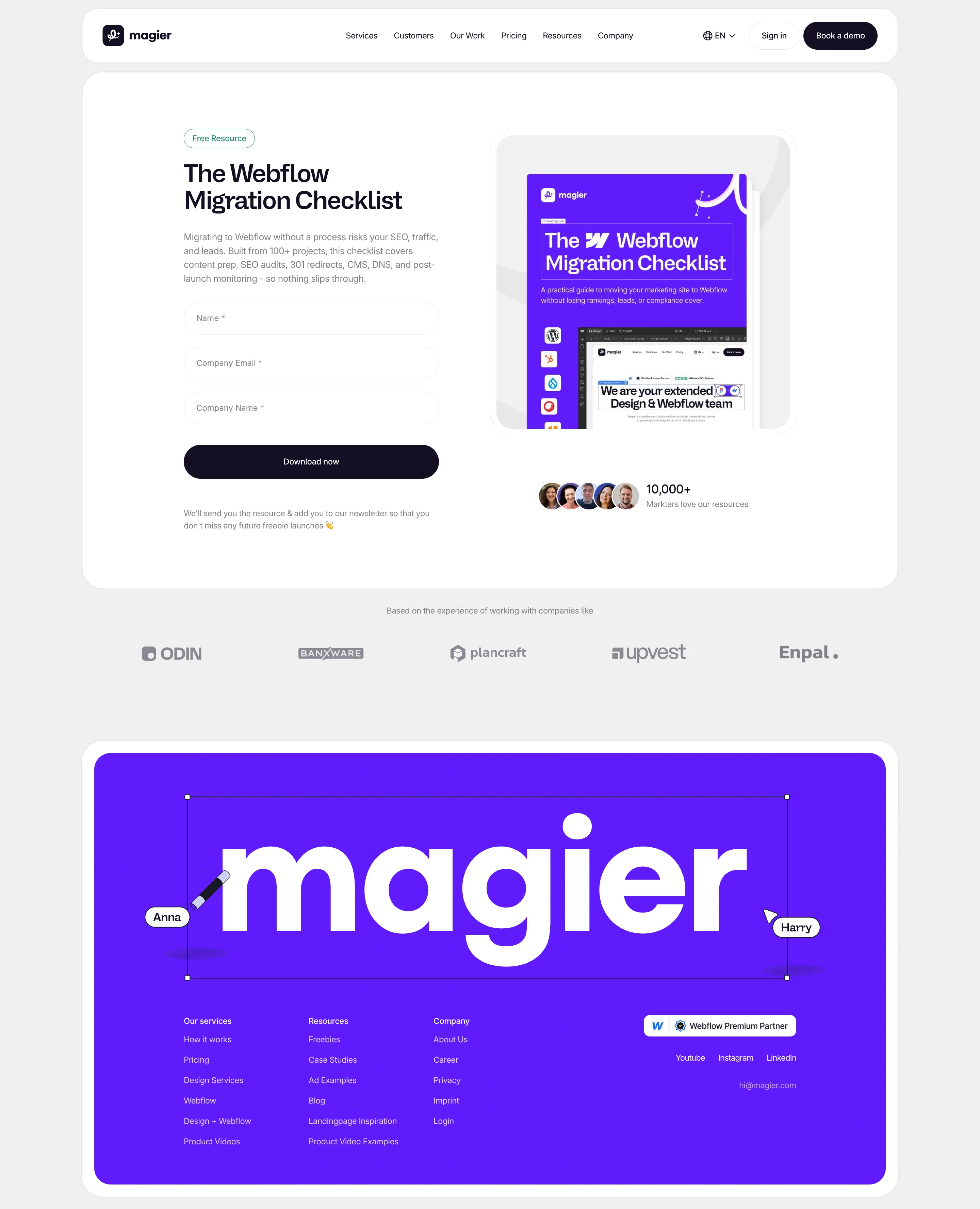 magier’s free Webflow Migration Checklist page with a three-field download form, a purple checklist cover, and client logos