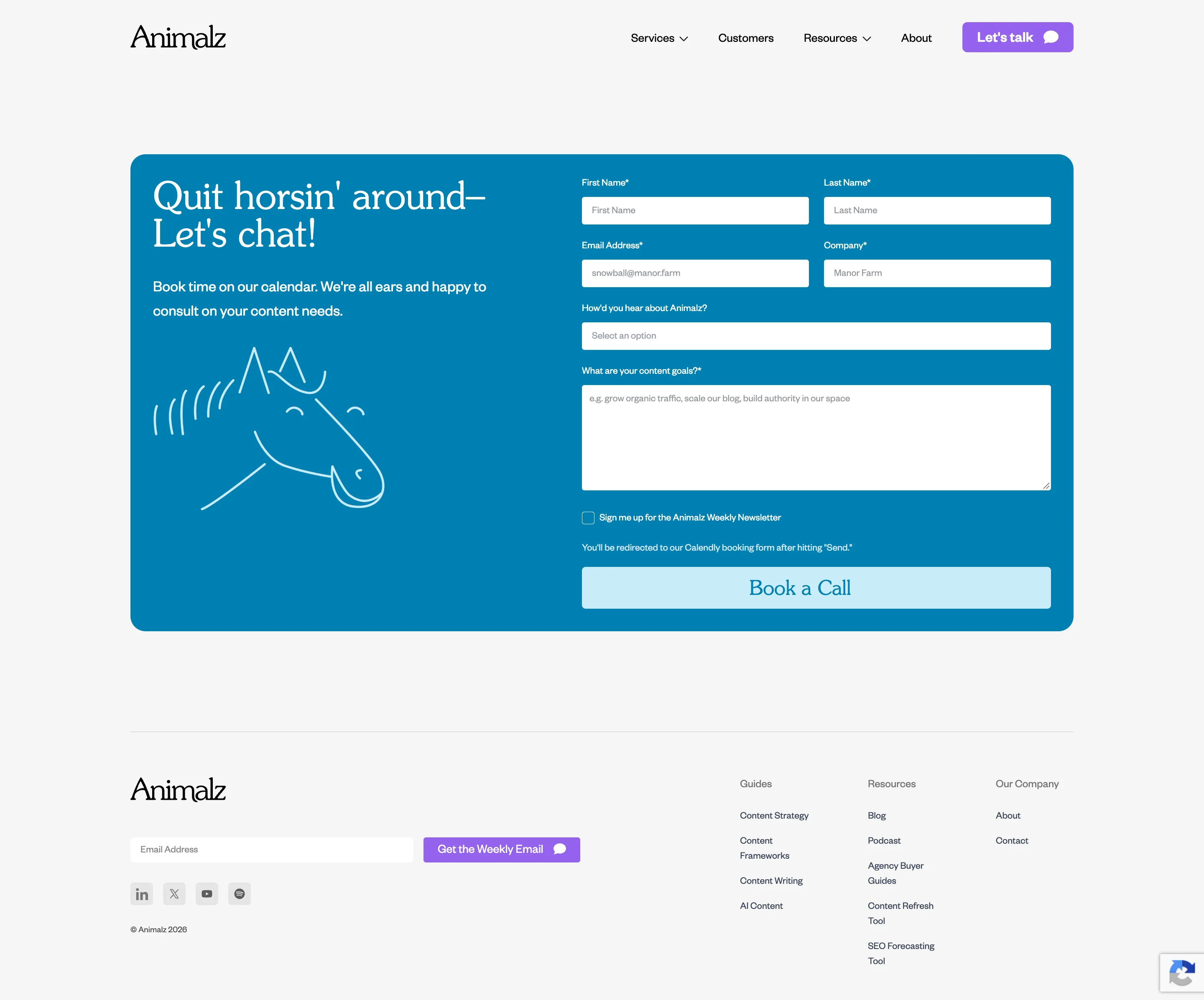 Animalz consultation page with the headline Quit horsin’ around, Let’s chat!, a booking form, and a horse illustration