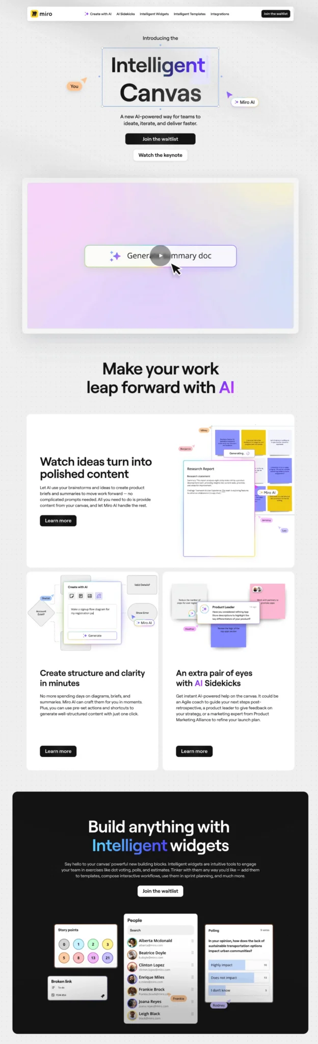 Miro waitlist page for its Intelligent Canvas AI feature, with Join the waitlist buttons, a product video, and feature sections