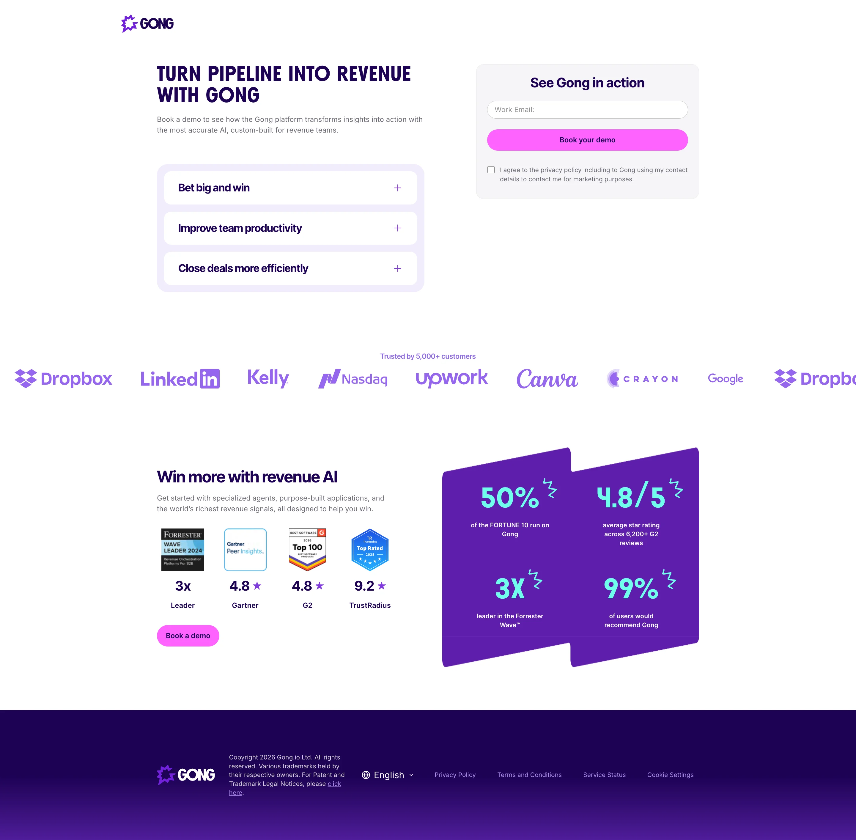 Gong demo request page with the headline Turn pipeline into revenue with Gong, a one-field email form, and customer logos