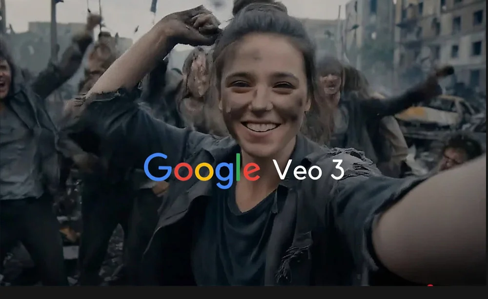 Google Veo 3 logo over a video frame of a smiling woman taking a selfie in a crowd among damaged buildings