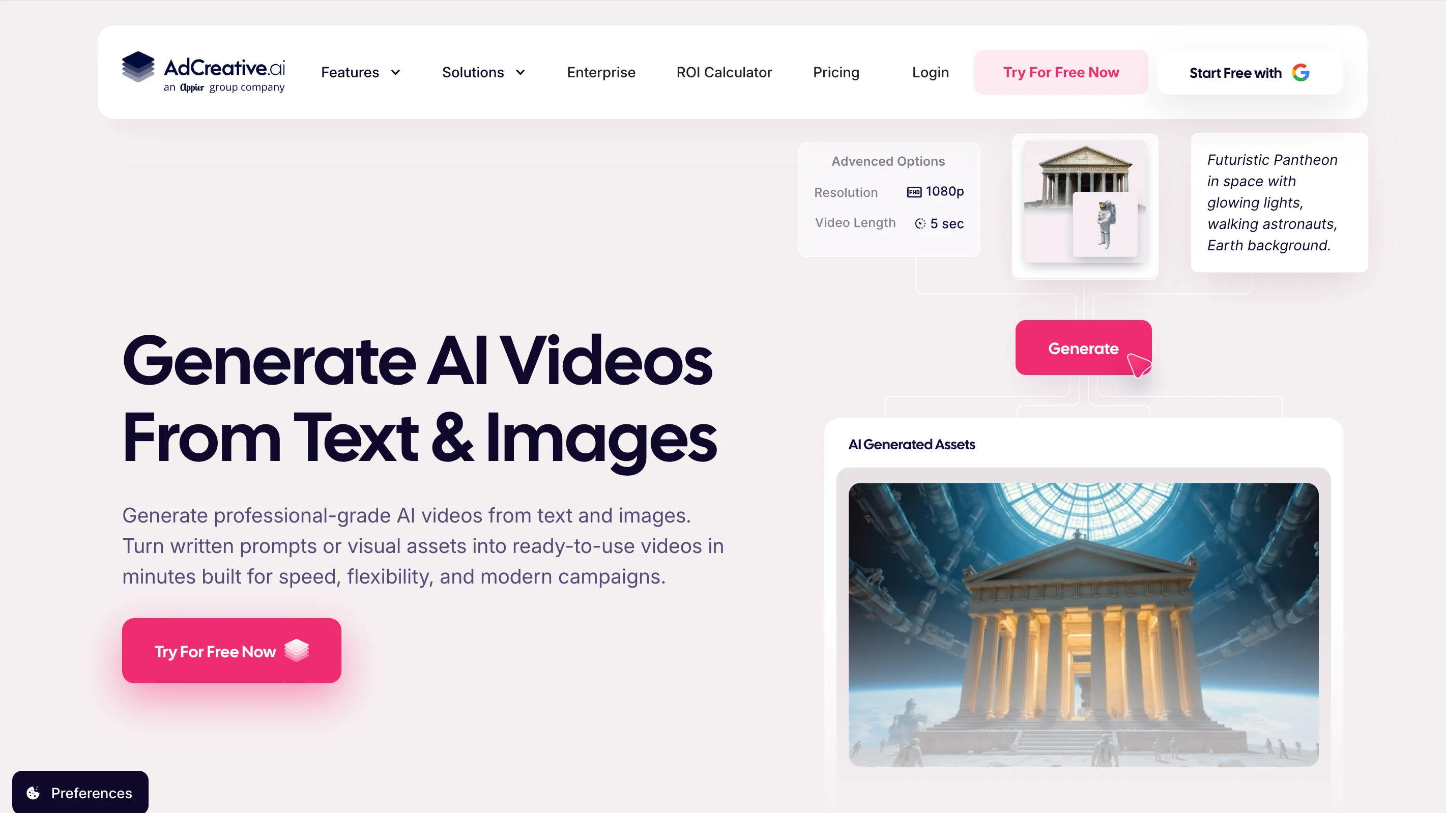 AdCreative.ai homepage with the headline Generate AI Videos From Text & Images, a Try For Free Now button, and a futuristic Pantheon example