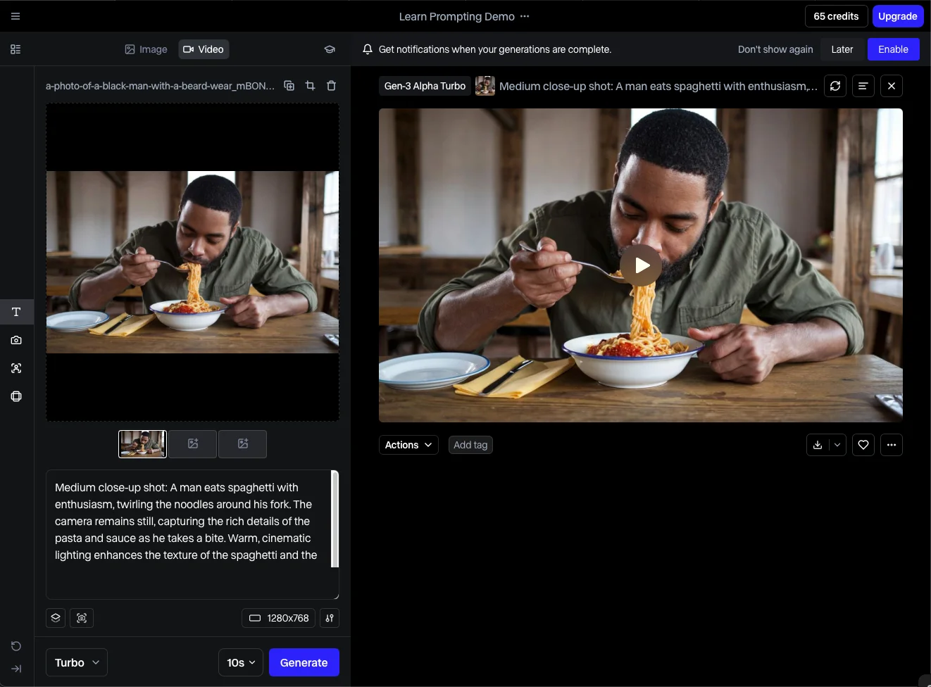 Runway Gen-3 Alpha Turbo screen with a photo of a man eating spaghetti, a prompt describing the shot, and a 10-second Generate button