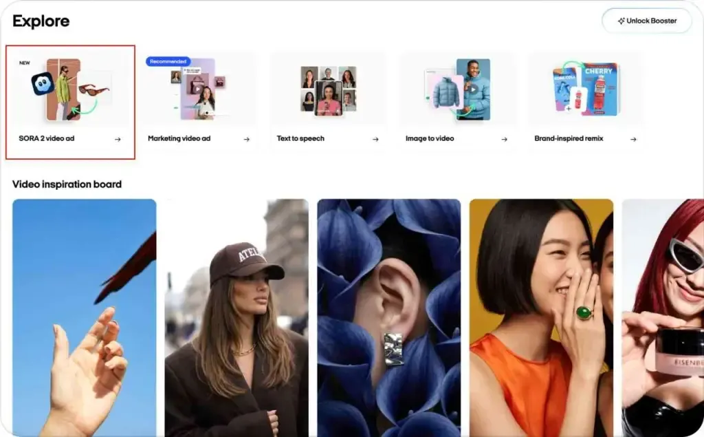 Zeely Explore screen with a highlighted video ad option, marketing video ad, image to video, and a video inspiration board