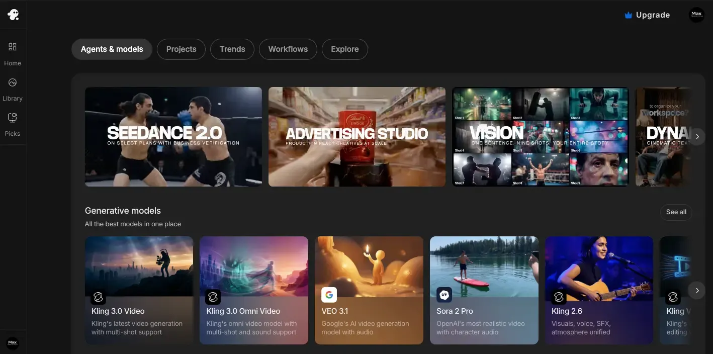 InVideo AI models hub with Seedance 2.0, Advertising Studio, and Vision cards above generative models such as Kling 3.0 and Veo 3.1
