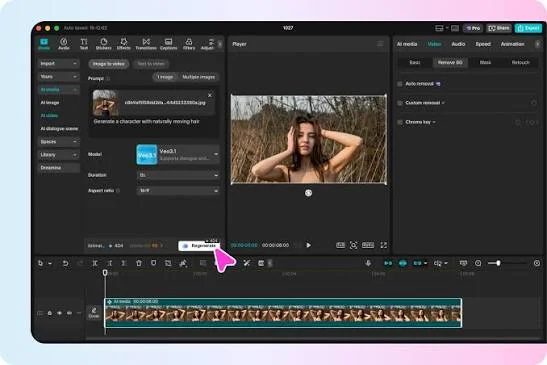 CapCut editor with an image-to-video prompt panel set to Veo 3.1, a woman’s portrait in the preview, and a timeline below
