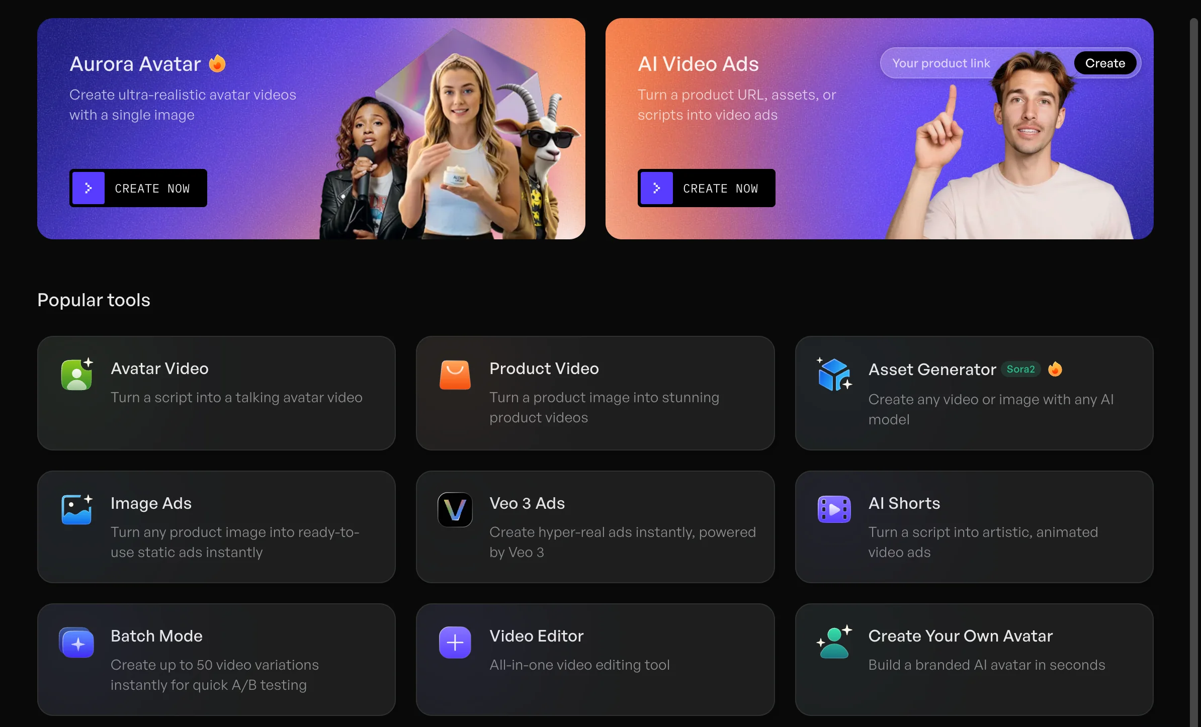 Creatify dashboard with Aurora Avatar and AI Video Ads cards, plus popular tools such as Product Video, Batch Mode, and Video Editor