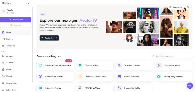 HeyGen dashboard with an Explore our next-gen Avatar IV banner, a grid of avatar styles, and create video shortcuts