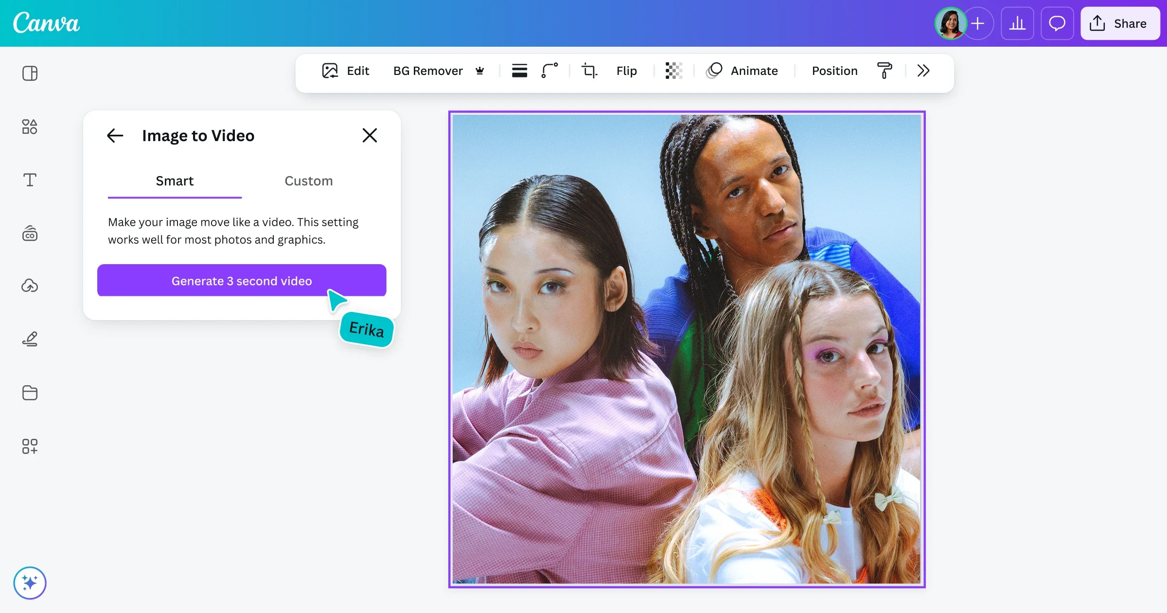 Canva editor with an Image to Video panel and a Generate 3 second video button beside a photo of three people