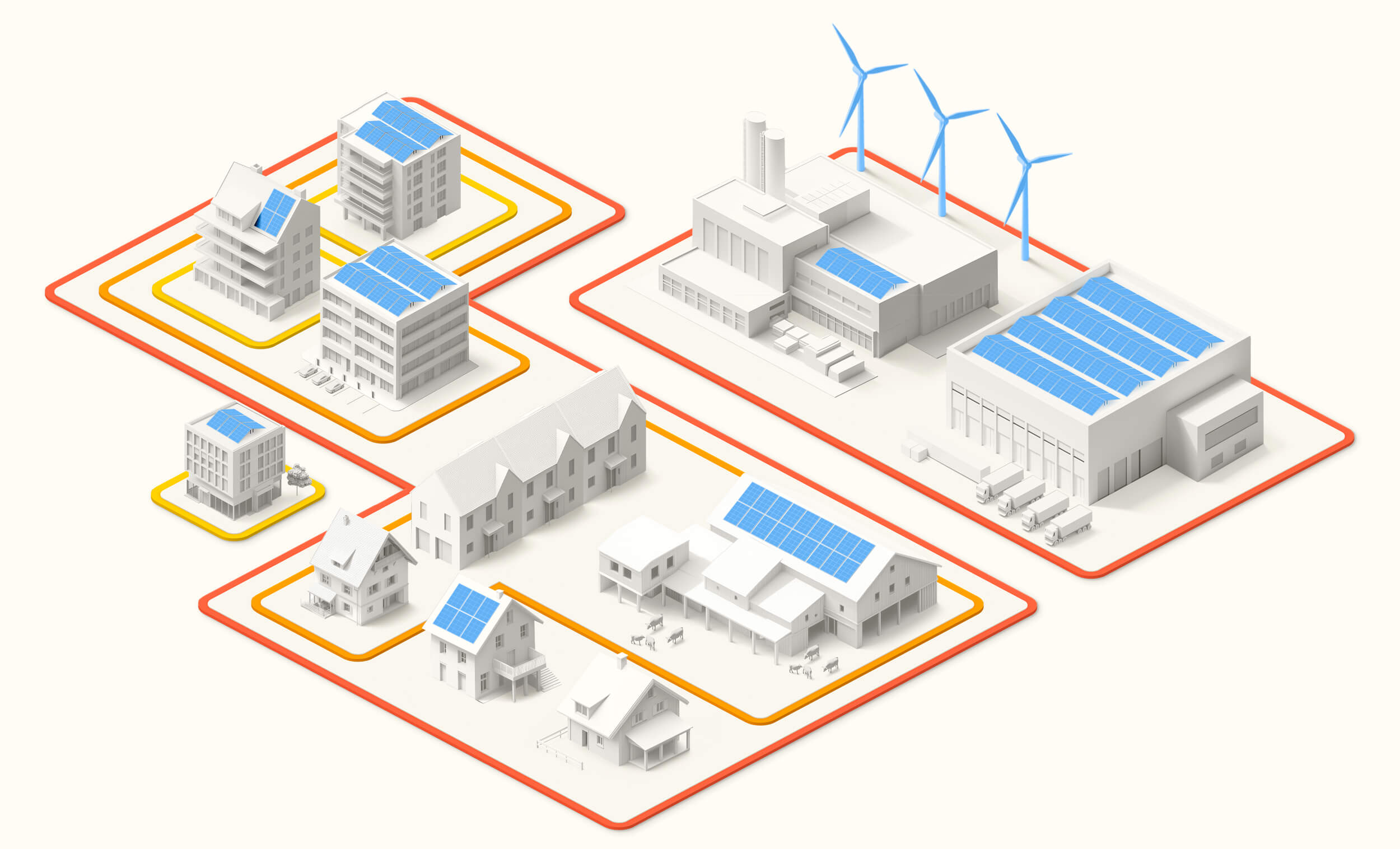 Isometric illustration of a connected energy network showing residential buildings, apartment blocks, industrial facilities, and farms with solar panels, linked by colored pathways representing energy distribution.