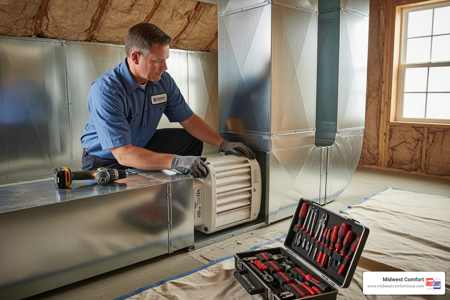 technician professionally installing an air cleaner into a home's ductwork - air cleaner installation des moines technician professionally installing an air cleaner into a home's ductwork - air cleaner installation des moines