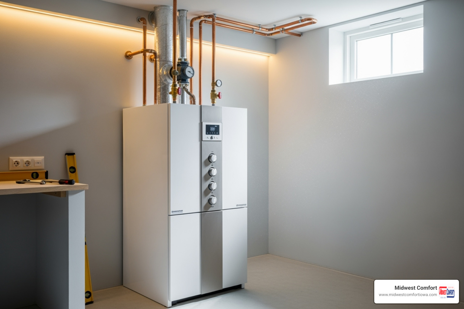 new, modern boiler installed in a clean basement - boiler repair des moines