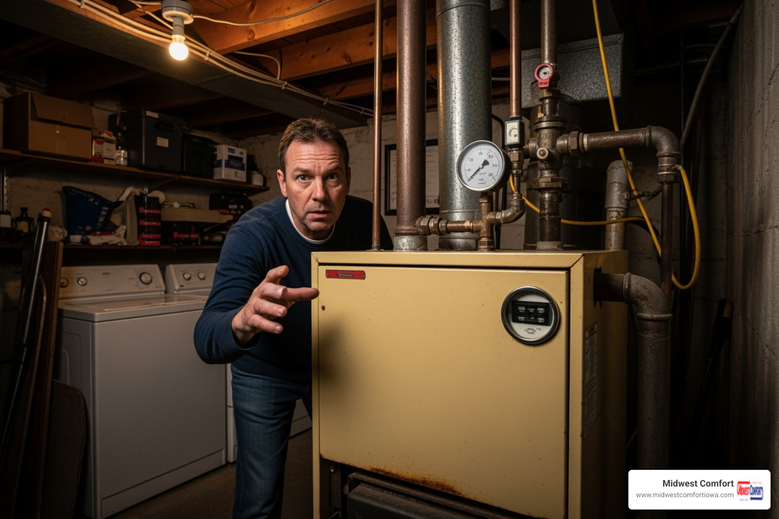homeowner looking at a boiler with a concerned expression - boiler repair des moines