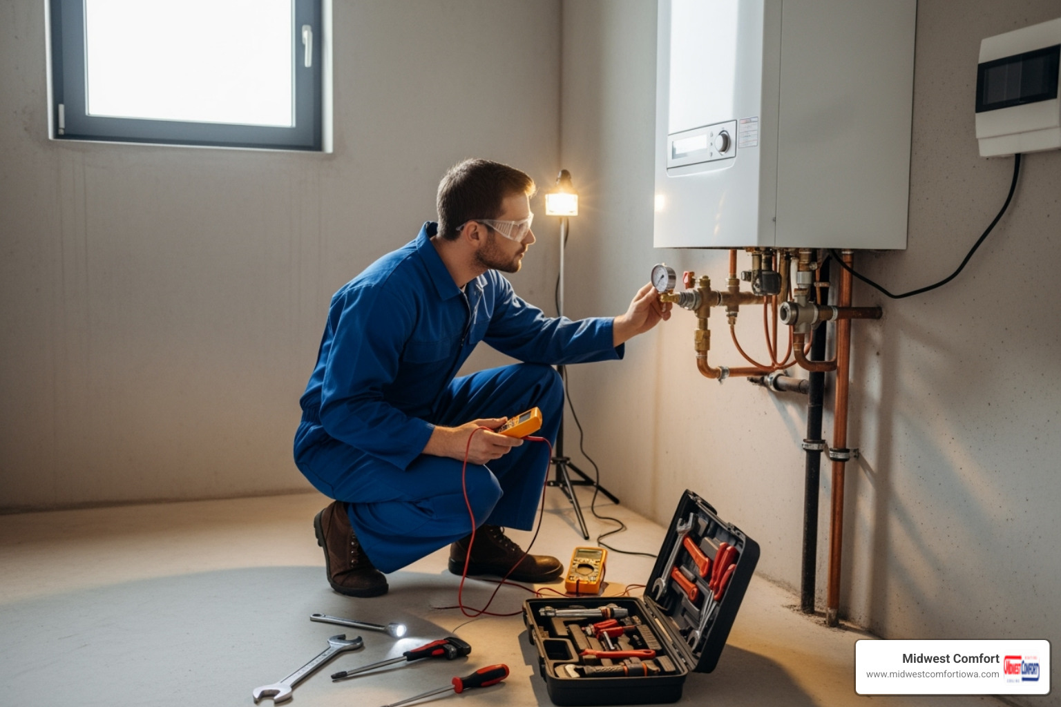 technician performing maintenance on a boiler - boiler repair des moines
