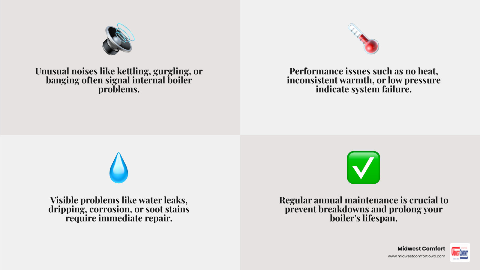 Infographic showing common boiler problems in Des Moines homes including strange noises like kettling and banging, visible issues like water leaks and corrosion, performance problems like no heat or inconsistent heating, and maintenance recommendations for annual service to prevent breakdowns - boiler repair des moines infographic 4_facts_emoji_grey
