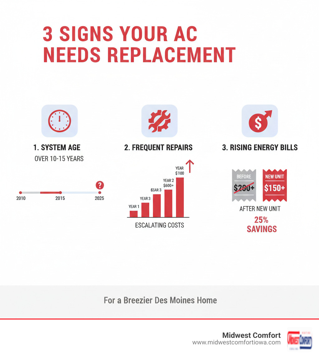 Infographic showing the top 3 signs an AC unit needs replacement: 1) System age over 10-15 years with timeline graphic, 2) Frequent repairs with repair frequency chart showing escalating costs, 3) Rising energy bills with before/after utility bill comparison demonstrating 25% potential savings with new efficient unit - ac installation des moines ia infographic 