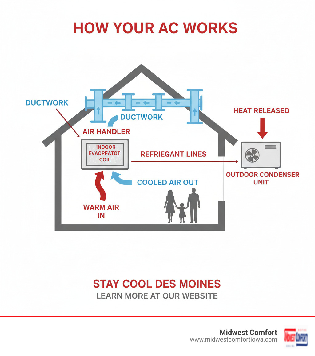 Infographic showing the basic air conditioning cooling cycle with labeled components: outdoor condenser unit, refrigerant lines, indoor evaporator coil, air handler, and ductwork, illustrating how warm air is drawn in, cooled, and circulated throughout the home - air conditioner troubleshooting des moines infographic 