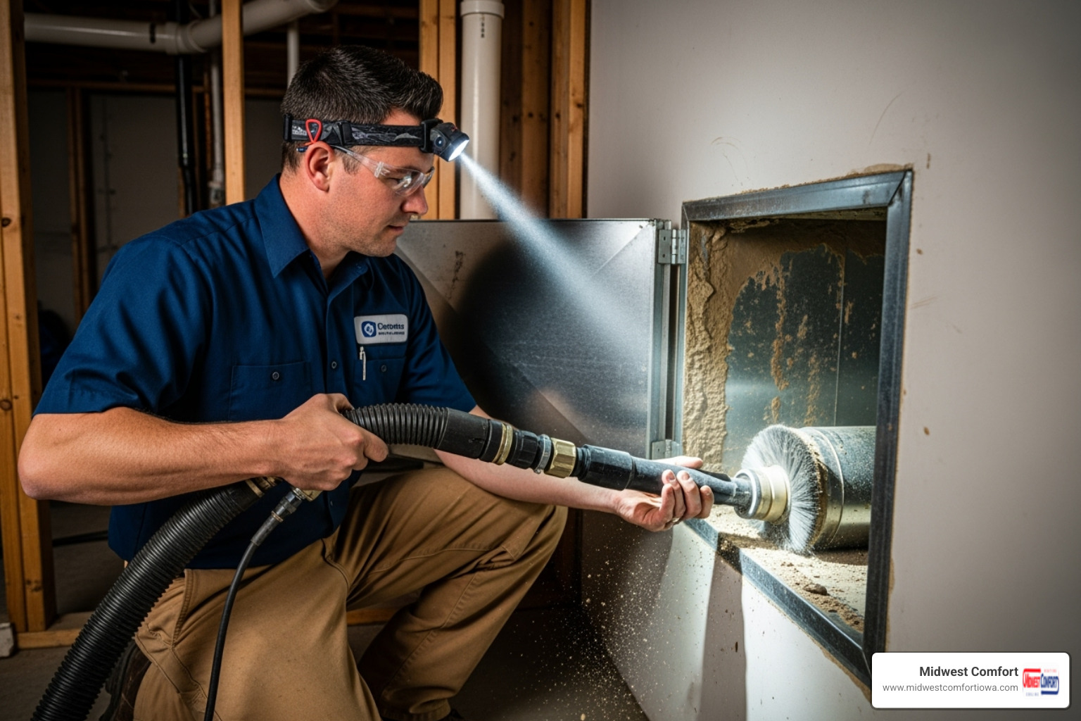 Technician using specialized hose and brush system inside a duct - air duct cleaning des moines