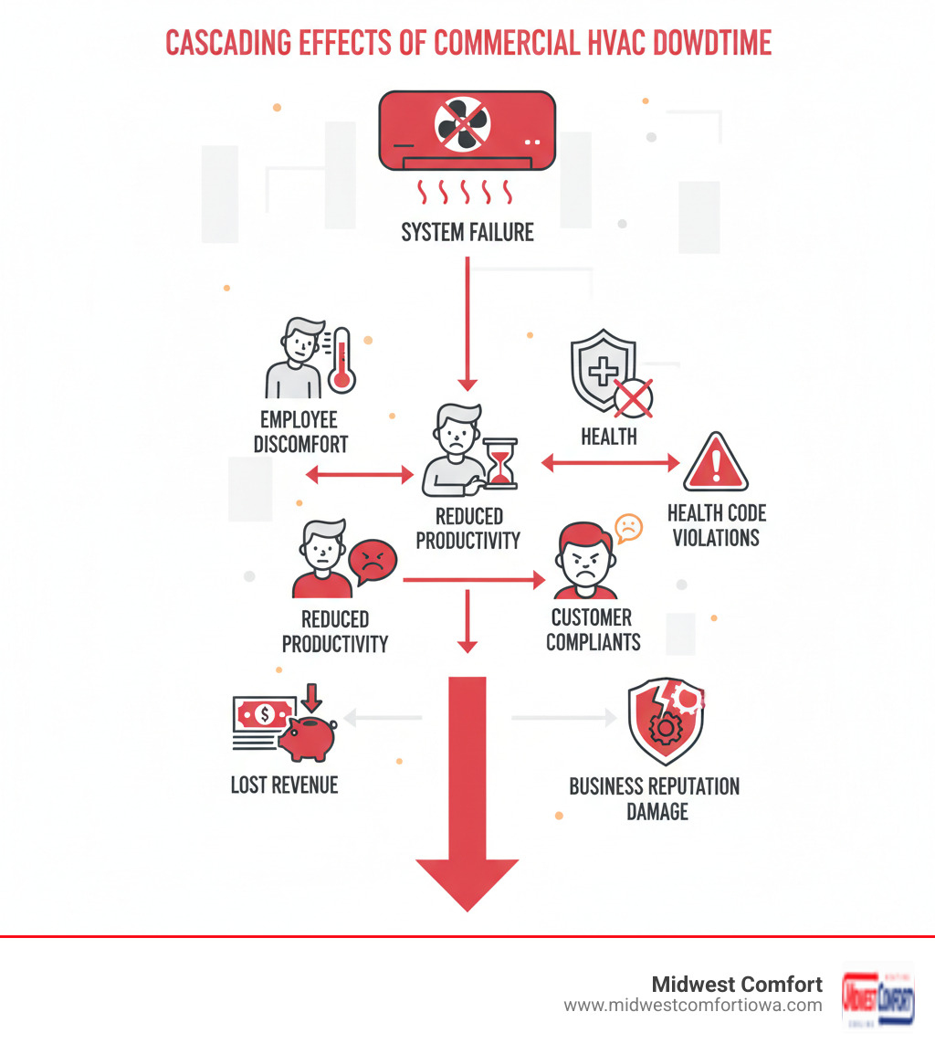 Infographic showing the cascading effects of commercial HVAC downtime: system failure leads to employee discomfort, reduced productivity, customer complaints, potential health code violations, and ultimately lost revenue and business reputation damage - commercial hvac repair des moines infographic Infographic showing the cascading effects of commercial HVAC downtime: system failure leads to employee discomfort, reduced productivity, customer complaints, potential health code violations, and ultimately lost revenue and business reputation damage - commercial hvac repair des moines infographic
