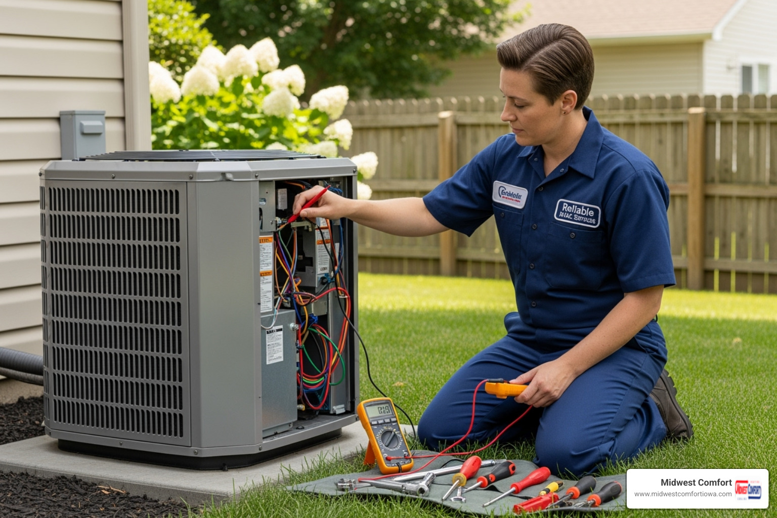 a clean, professional HVAC technician working on an outdoor AC unit - best ac company des moines a clean, professional HVAC technician working on an outdoor AC unit - best ac company des moines