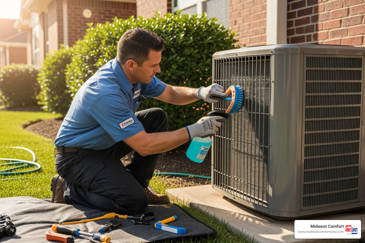 HVAC technician cleaning an outdoor AC unit - seasonal ac maintenance des moines HVAC technician cleaning an outdoor AC unit - seasonal ac maintenance des moines