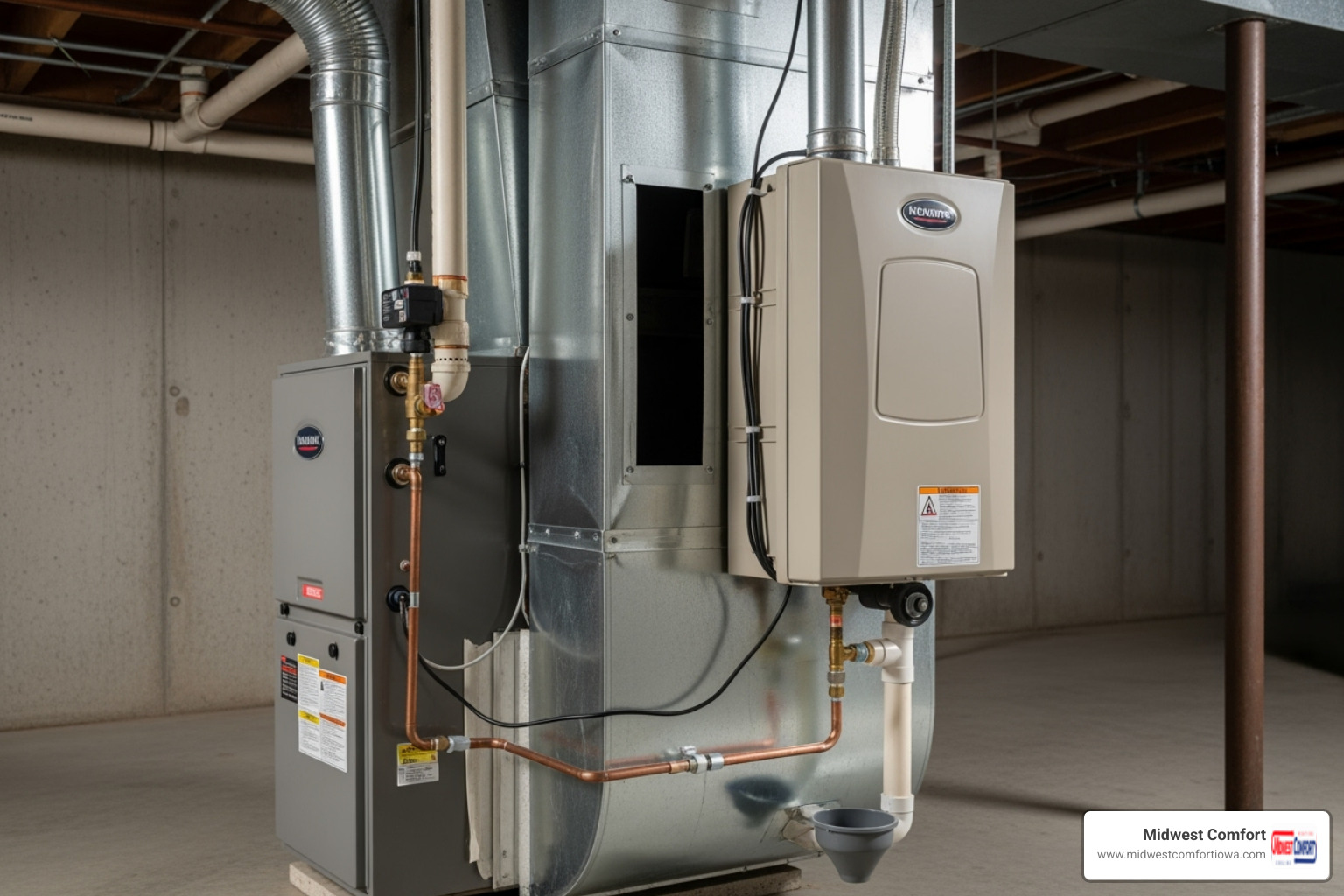 A whole-house humidifier correctly installed on a furnace duct - humidifier installation des moines