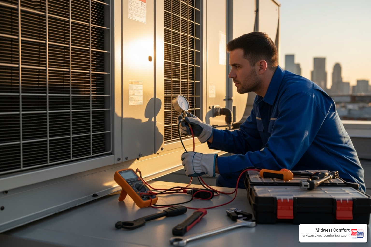 HVAC technician inspecting unit - commercial hvac maintenance des moines HVAC technician inspecting unit - commercial hvac maintenance des moines