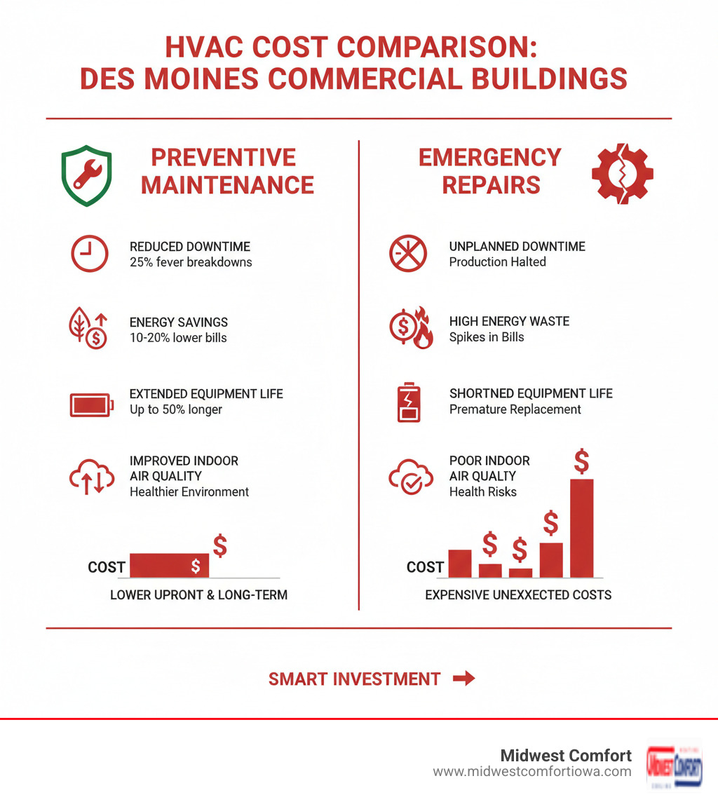 Infographic showing the cost comparison between preventive maintenance and emergency repairs, highlighting reduced downtime, energy savings, extended equipment life, and improved indoor air quality for Des Moines commercial buildings - commercial hvac maintenance des moines infographic Infographic showing the cost comparison between preventive maintenance and emergency repairs, highlighting reduced downtime, energy savings, extended equipment life, and improved indoor air quality for Des Moines commercial buildings - commercial hvac maintenance des moines infographic