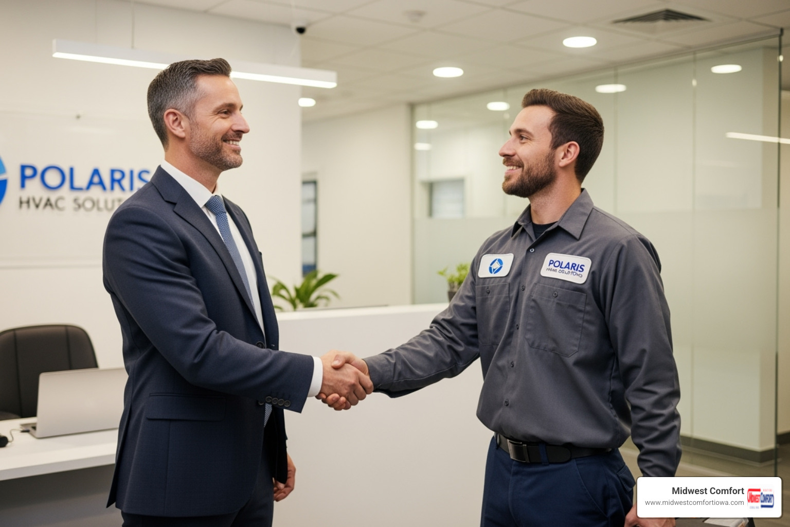 business owner shaking hands with HVAC technician - commercial hvac maintenance des moines business owner shaking hands with HVAC technician - commercial hvac maintenance des moines