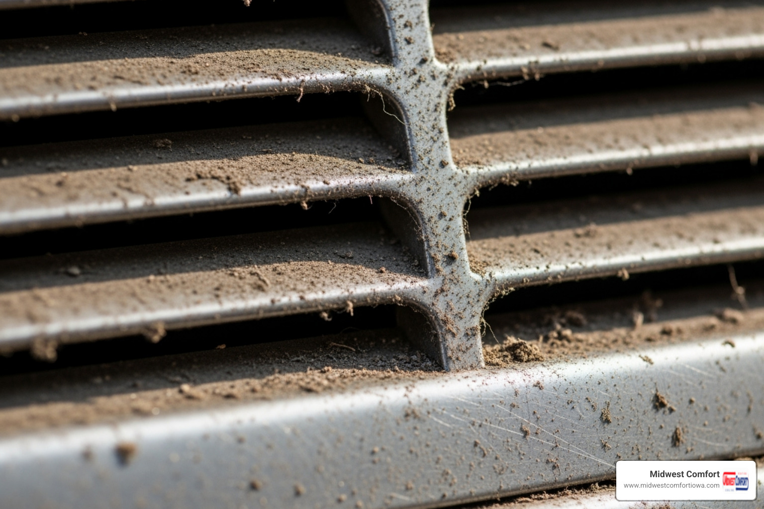 A close-up image of a dusty air vent cover with visible grime and particles - air duct maintenance altoona