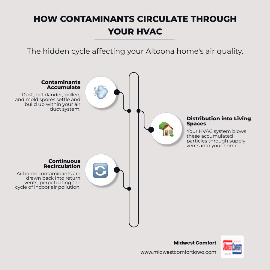 Infographic showing how dust, allergens, and contaminants circulate through an HVAC system from dirty ductwork into living spaces, then get pulled back through return vents in a continuous cycle, with arrows indicating airflow and callouts for common contaminants like dust mites, pet dander, pollen, and mold spores - air duct maintenance altoona infographic infographic-line-3-steps-elegant_beige
