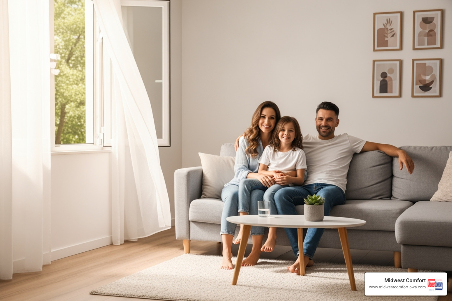 A happy family is shown breathing easily in a bright, clean home, with fresh air flowing - air duct maintenance altoona