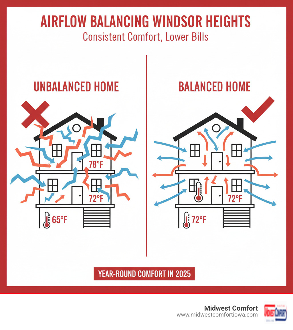 Infographic showing a split comparison of two homes: left side shows an unbalanced home with temperature readings varying from 65°F in basement to 78°F upstairs with wavy inconsistent airflow arrows; right side shows a balanced home with consistent 72°F readings throughout all floors with smooth even airflow arrows - airflow balancing windsor heights infographic 