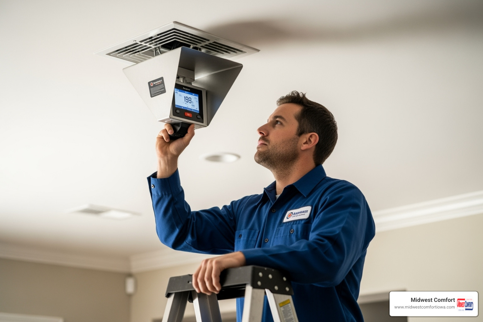 HVAC technician using an air flow hood to measure a vent's output - airflow balancing windsor heights