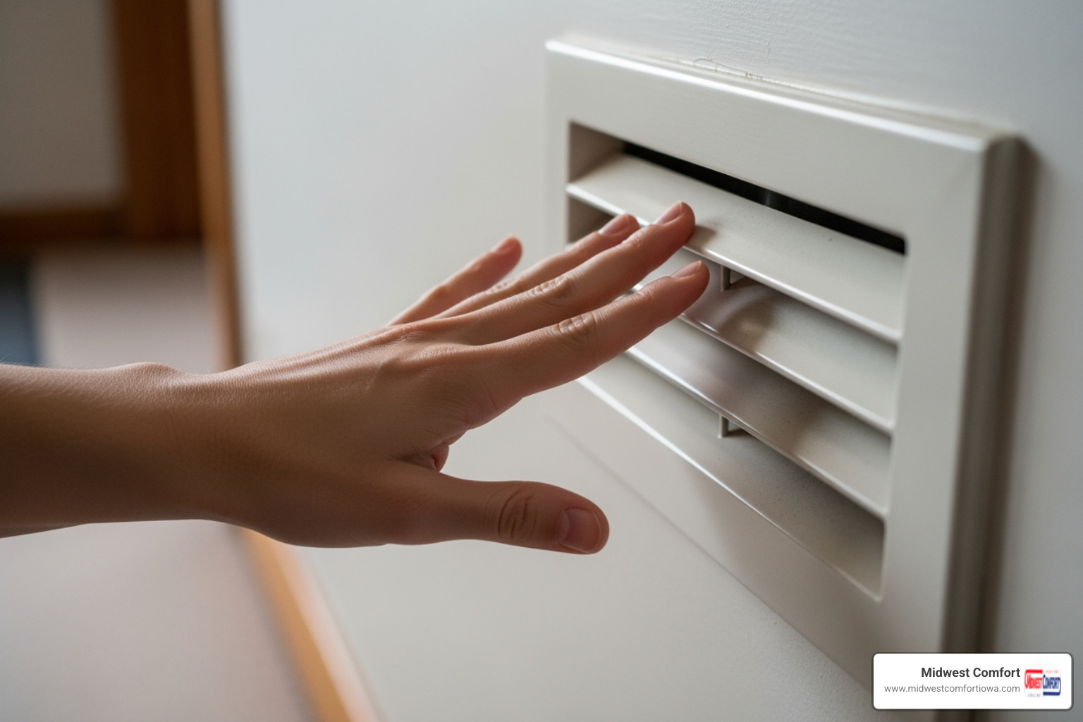 person holding a hand up to a vent with weak airflow - airflow balancing windsor heights