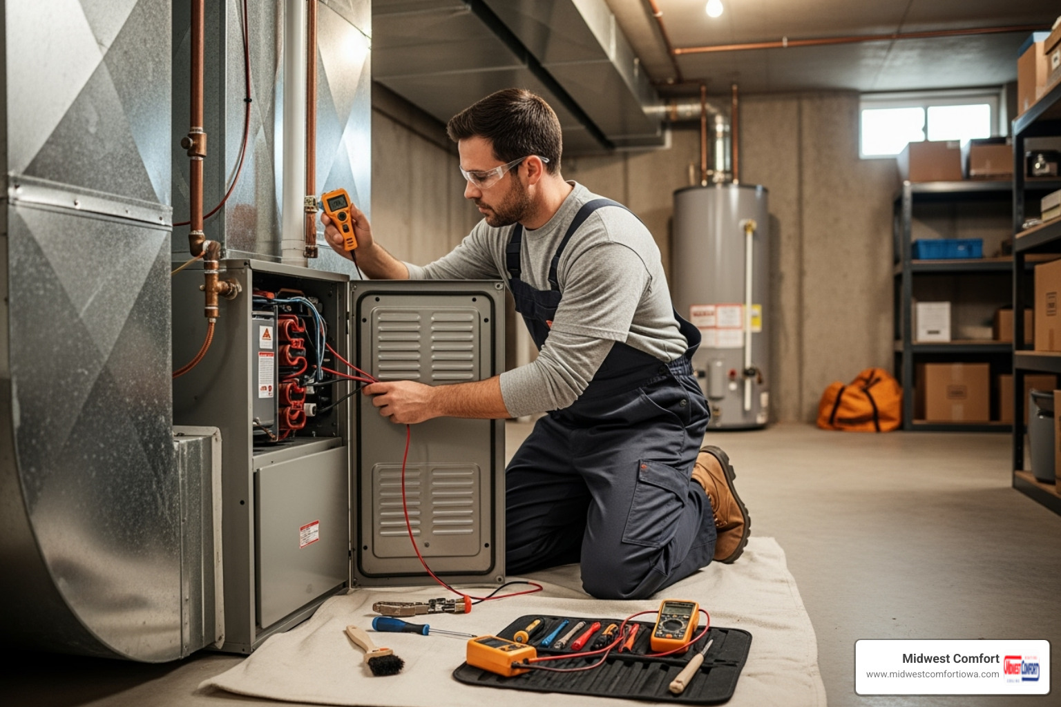 Technician performing a tune-up on an indoor furnace unit - ac & heating tune up windsor heights