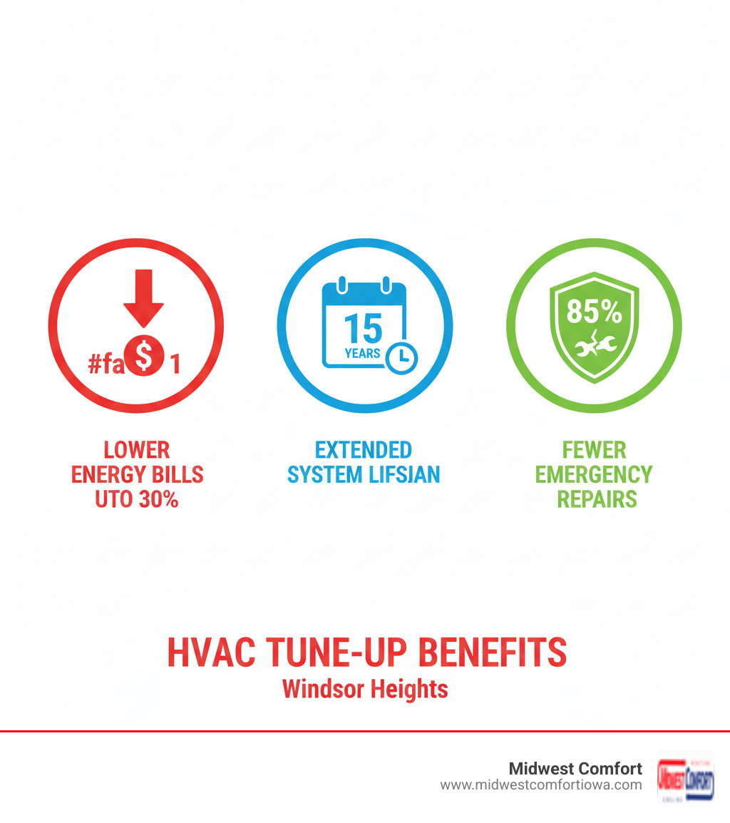 infographic showing three main benefits of hvac tune-ups: a dollar sign with down arrow representing lower energy bills up to 30 percent, a calendar showing extended system lifespan up to 15 years, and a shield icon showing 85 percent fewer emergency repairs - ac & heating tune up windsor heights infographic 